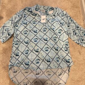 Holly Shae Blue Asian Chinoiserie Print Tunic One Size PLUS SIZE NWT